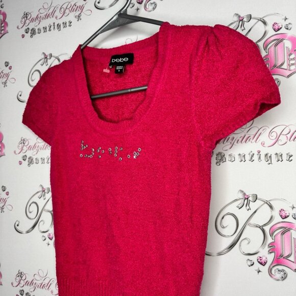 Bebe fur top baby fur chenille soft bright pink rhinestone Swarovski crystals - Picture 2 of 8